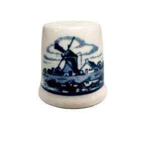Thimble Delft Blue Flower Windmill White Porcelain Holland Country Farm Vintage